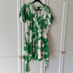 Simply Vera Wang linen blend VNeck Midi tie front Dress green white womens large